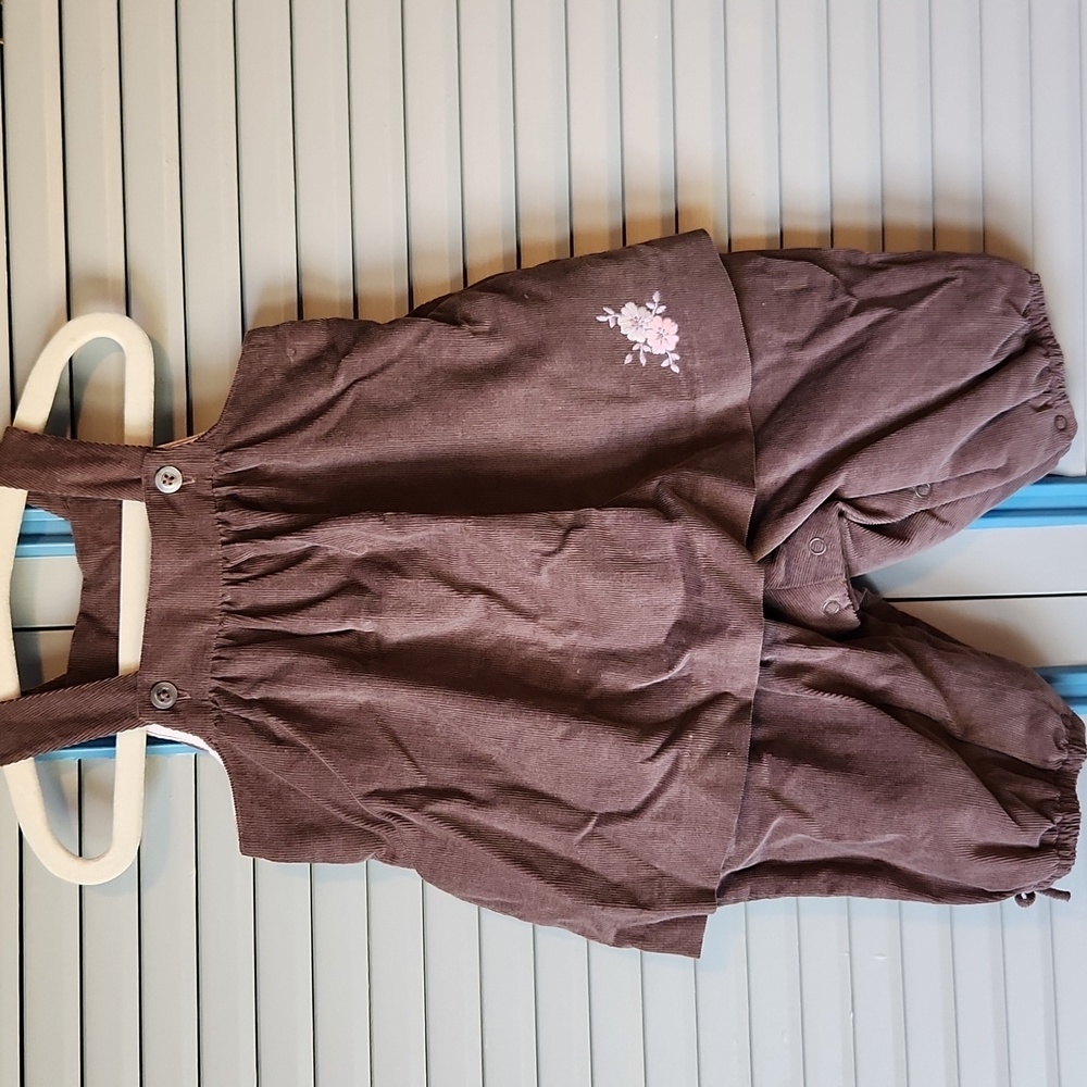 Jacadi Paris Dark Brown Jumpsuit with Pink Floral Embroidery - Picture 2 of 11